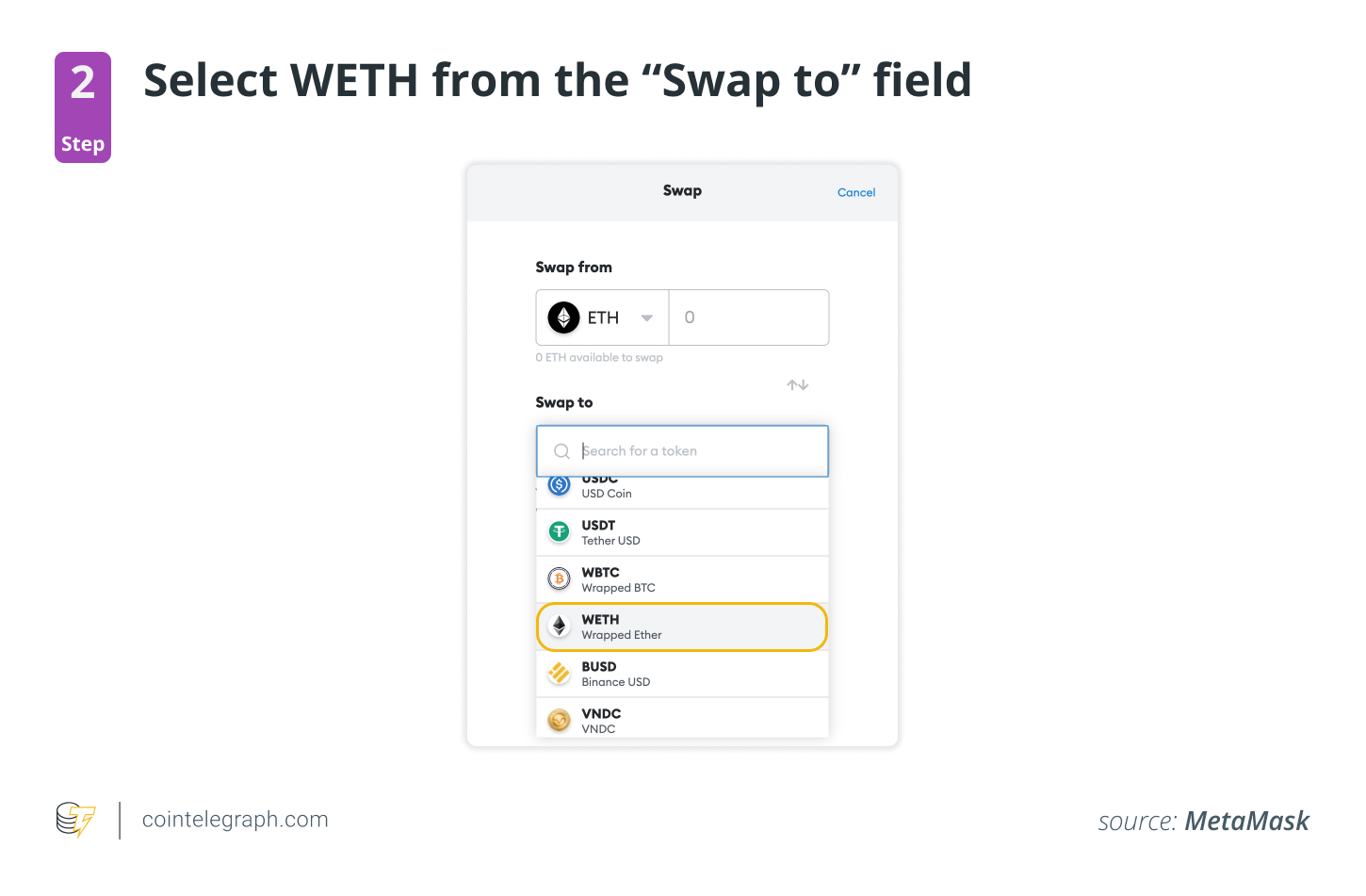 Step 2: Select WETH from the “Swap to” field