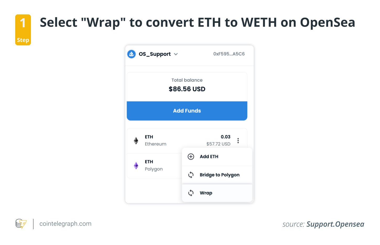 Step 1: Select Wrap to convert ETH to WETH on OpenSea